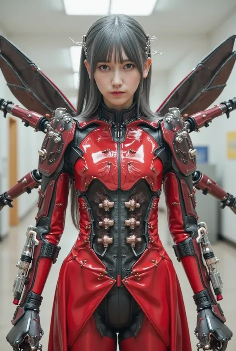 Insect-type Cyborg Girl, (top-quality:1.2, masterpiece), ultra-high resolution, ultimately surrealism, (Photorealsitic:1.4), (stag beetle-like (mechanical:1.4) (armor:1.1)),mechanical large wings, red porcelain body, mechanical legs, gray hair, growly skin...