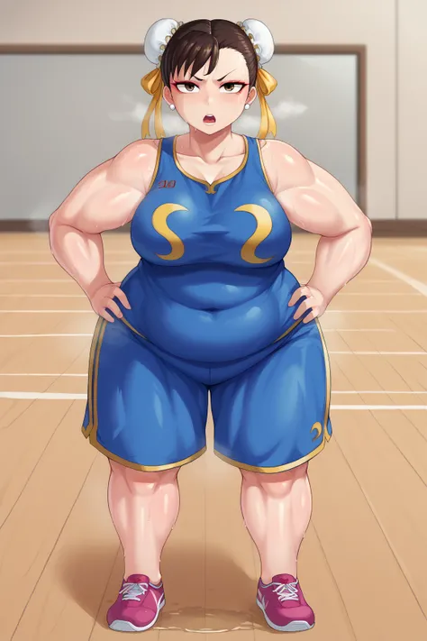 score_9, score_8_up, score_7_up, BREAK, 1girl, solo, chun li, brown eyes, double bun, yellow ribbon 1girl, solo, makeup, casual, cowboy shot, looking at the viewer, large breasts, hand on hips, blue tanktop, sweaty, blue shorts, sweating profusely, open mo...