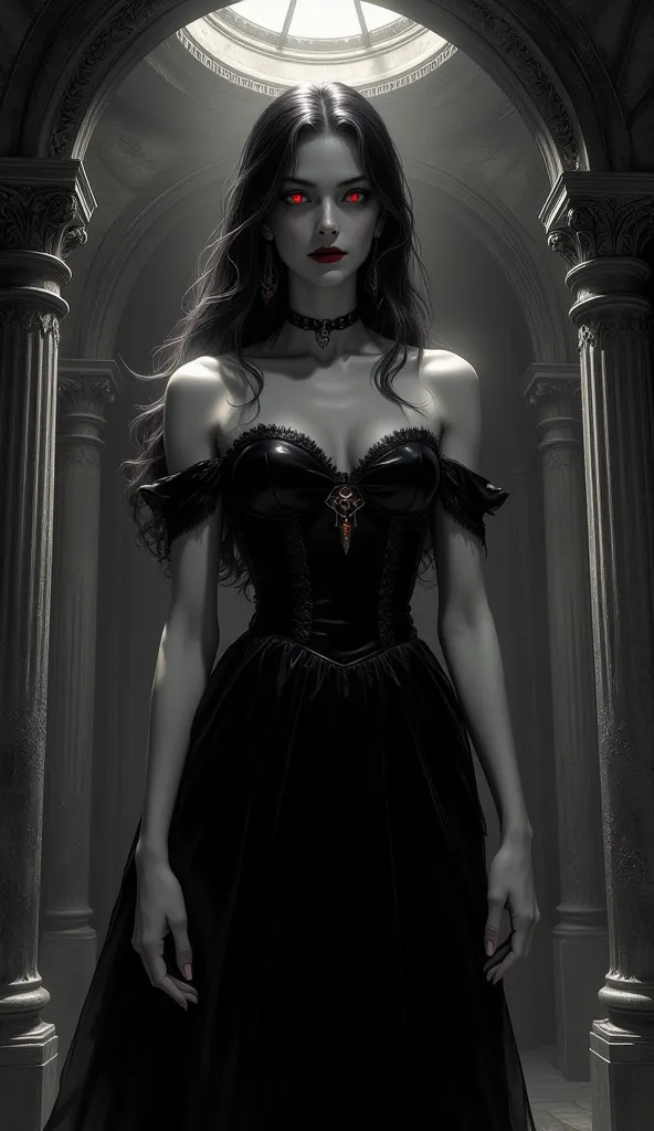 illustration, monochrome, inside crypt, sexy female vampire, threeeyed, red glowing eyes, night, dark, glowing