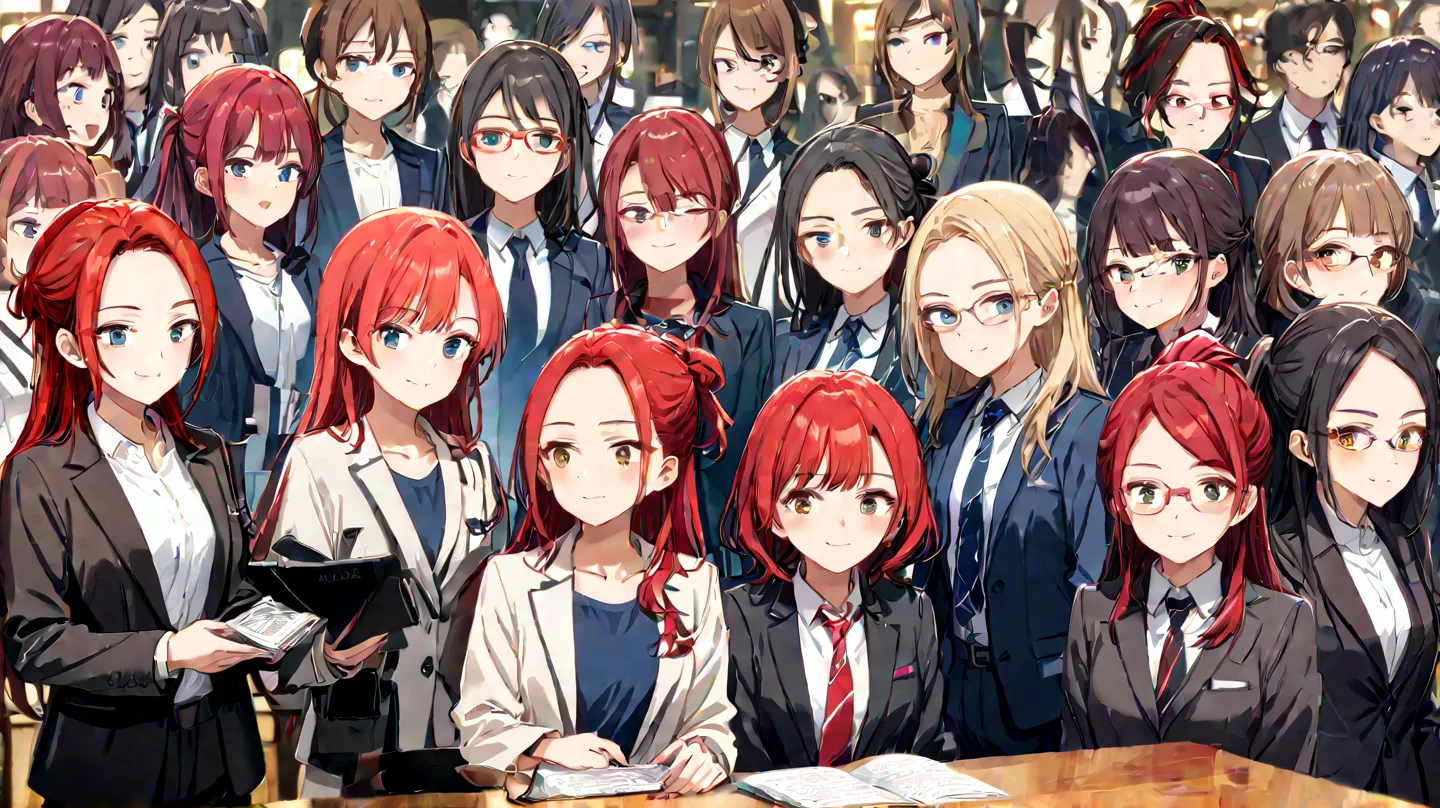 Place the word moppy in the center、Image of Poi activity、 cute characters、 girls on the left、Studying money、The image of saving money、 glasses、 in a suit、black and red hair color、Half Up Style Hairstyle 、一人の girls on the left、It looks like you're telling m...