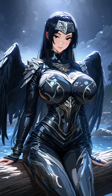 A Crow Female ,Perfect body,Oppai, (Black hair, long hair, straight hair),Black Crow Metal Forehead Protector, Black eyes, A pair of Black Crow Wings, Wearing A Black Crow Full-body Metal Armor, Sitting on a tree trunk, Torogao, seductive smile, Midnight, ...
