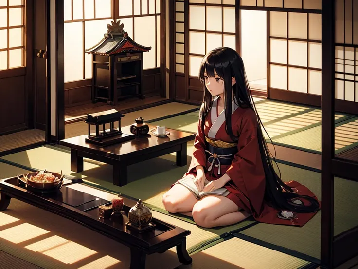 woman、Japanese-style room、Room in a samurai residence from the Edo period 、 sitting completely naked and sitting on a reading stand with a book on the lectern、 Princess cut、 long hair with dark luster 、 sunlight from the window illuminates the room 