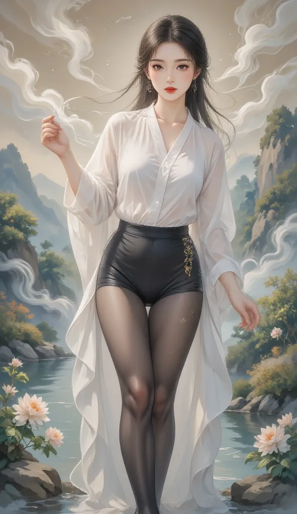 Standing snapping refracts ， Chinese clothing ，cloud ，cosmetic， red lips ，smoke ，waves， flowing hair  ，flower卉背景  ，flower ， 8,000,  masterpiece,   Best Quality ,  two-dimensional, ( traditional Chinese ink painting :0.2), ( Perfect Hands :1.4), black panty...