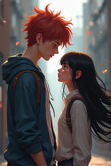 Create an image of two teenagers, one male and the other female, The man with reddish blue hair and very tall the woman with long black hair, hazel eyes and short stature