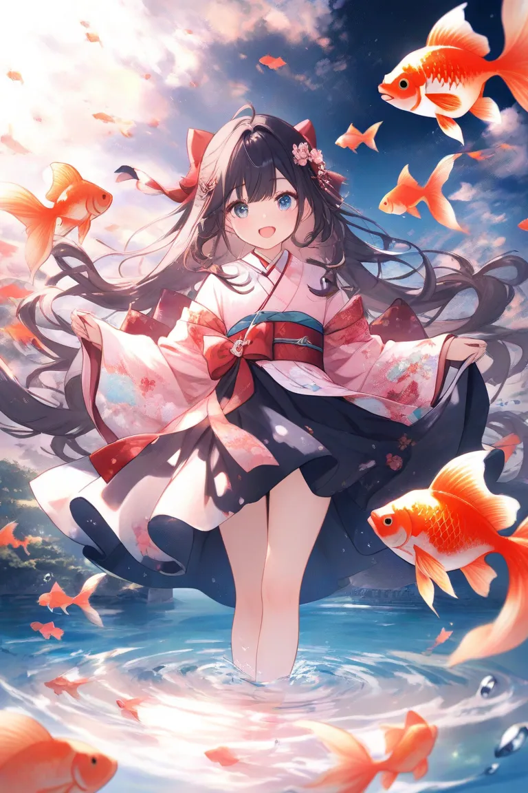  cute女の子、 kimono、goldfish、redい着物、 black hair、red目、背景は薄いred、 gradation、red、beautiful、Standing on the surface of the water、 Fantastic Scenery、night、redいgoldfish、redいリボンをしてる、 hair is long、Open your mouth a little、 cute