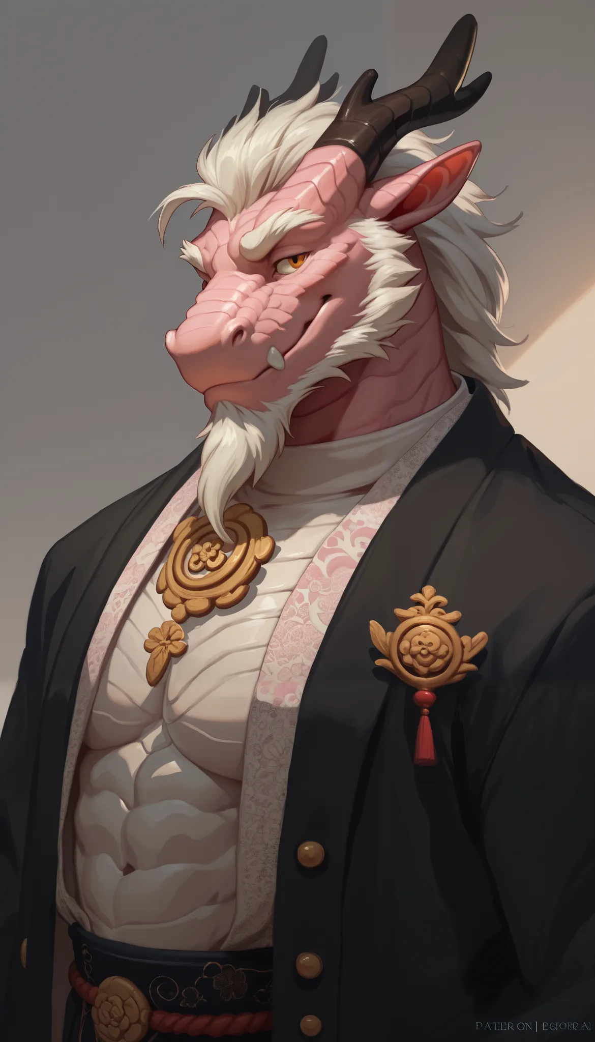  alone,  male, Oriental Dragon, Pink scaly, anthropomorphic Oriental Dragon , adult,  muscle,  white hair , The only white bearded, fursona reference, reference, Smile,  correct anatomical structure , correct answer ,  detailed,  fursona correct answer ,  ...