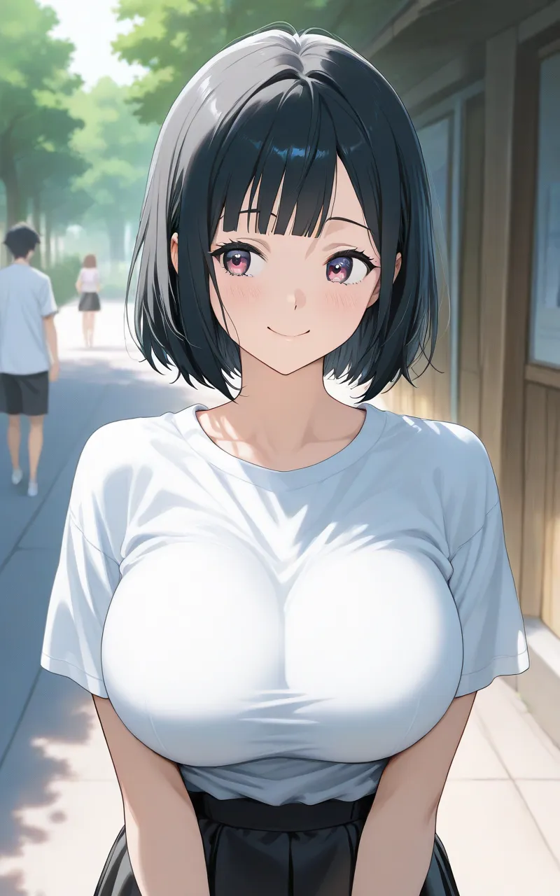 1 girl,Short sleeve,  white clothes, t-shirts,Big Breasts, black skirt, short hair , black hair,bangs, Japanese anime,On a date,outside,She's looking at me and smiling,