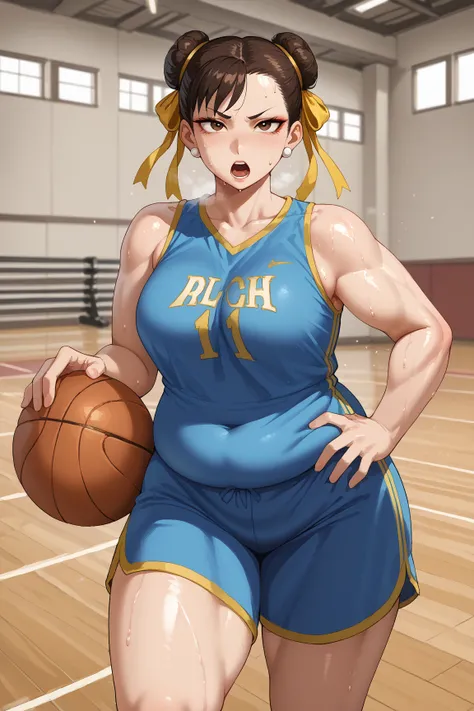 score_9, score_8_up, score_7_up, BREAK, 1girl, solo, chun li, brown eyes, double bun, yellow ribbon 1girl, solo, makeup, casual, cowboy shot, looking at the viewer, large breasts, hand on hips, blue tanktop, sweaty, blue shorts, sweating profusely, open mo...