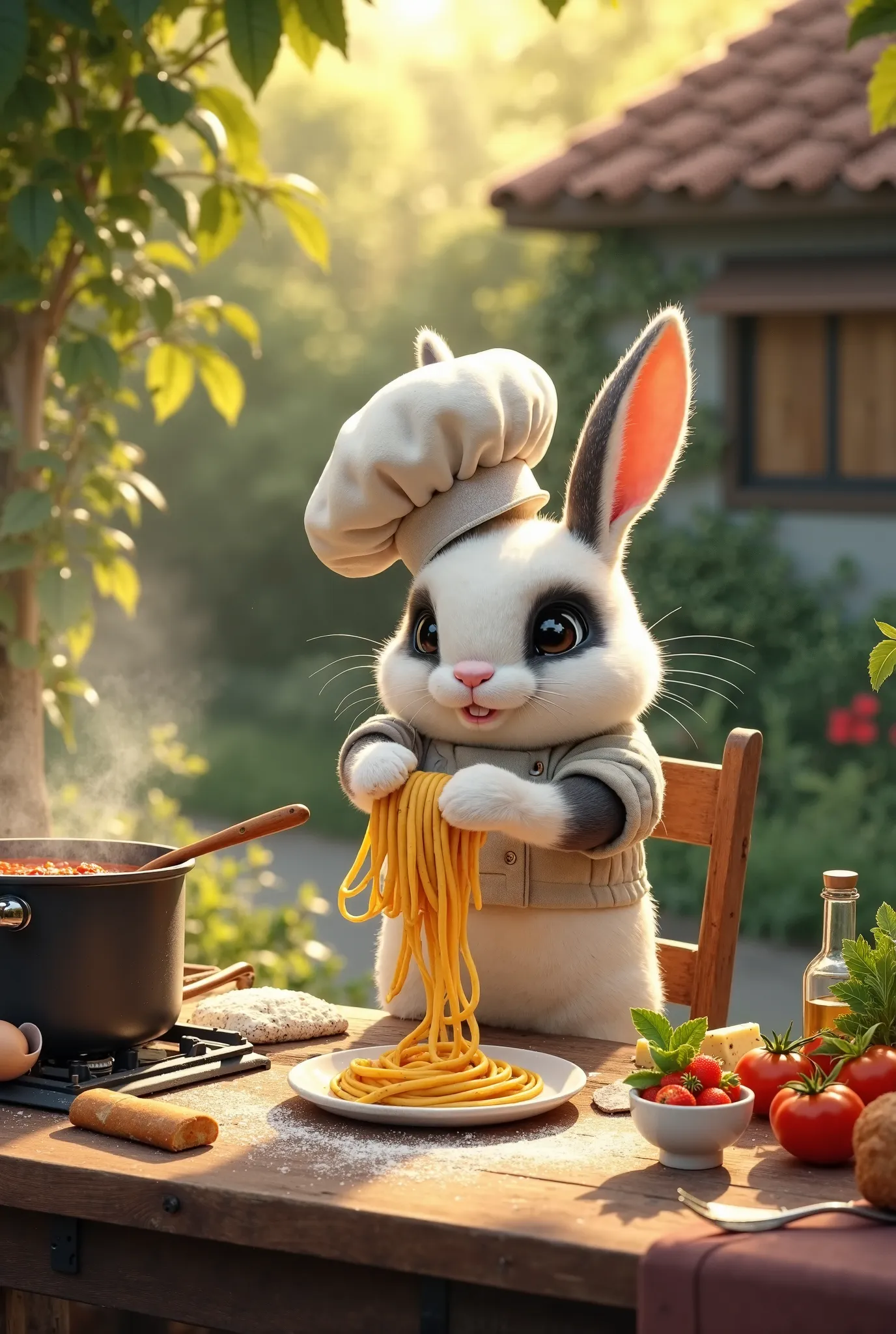 Here’s a revised version of the sequence featuring an anthropomorphic white and black rabbit as the chef in its charming outdoor rustic kitchen, preparing a delicious homemade pasta dish from scratch.


---

Stage 1: Preparing the Dough

A white and black ...