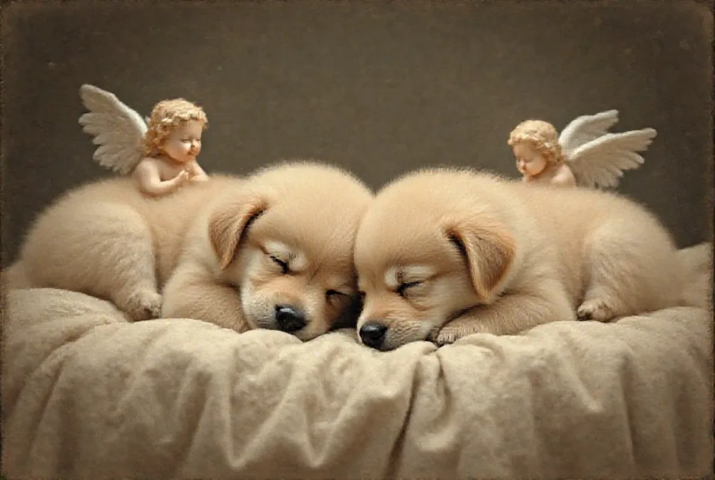 puppy and puppy sleeping together on a blanket in a dog bed, renaissance, a photocopy, by Michelangelo, while posing in the same bed, puppies, 2 angels, dog sleeping, two finnish lapphunds