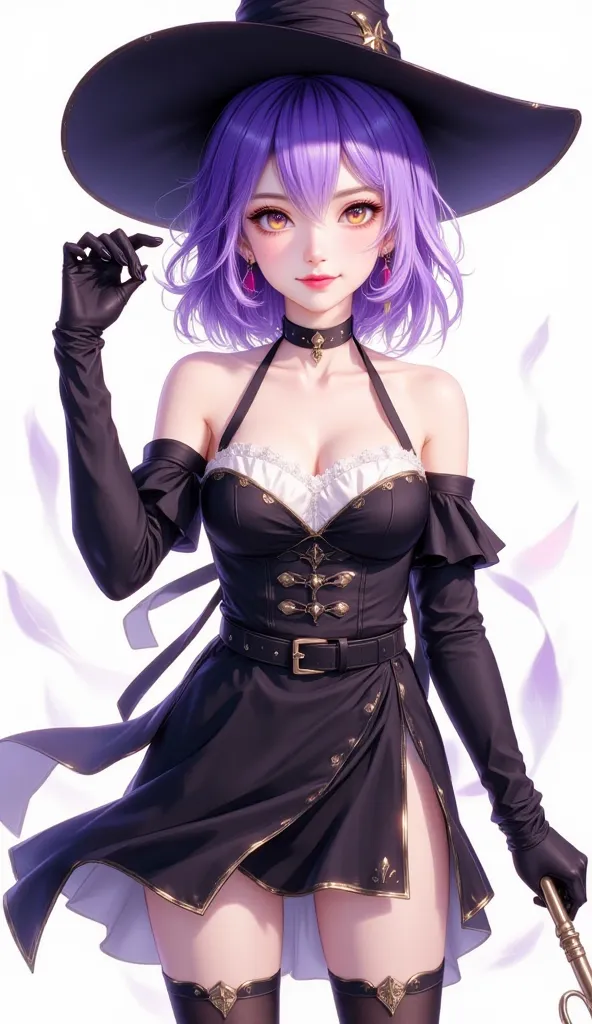 masterpiece, best quality, anime, 1girl, purple hair, yellow eyes, mole under eye, bare shoulders, black belts, black dress, black gloves, off shoulder dress,  long sleeves, side slit, gold trim, gold trimmed thigh highs, strapless, bracelets, smile, stand...