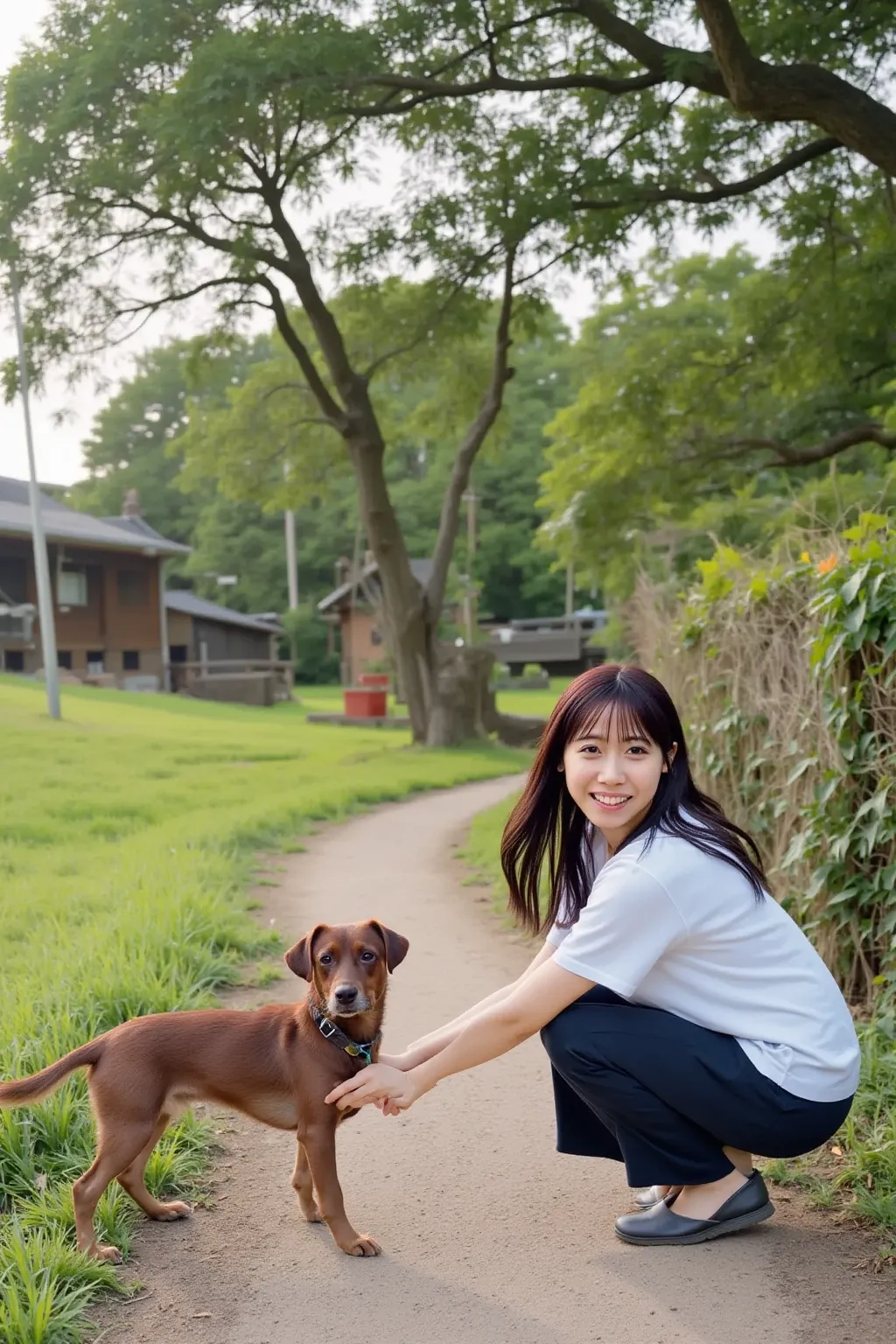 A Japanese woman squats down to the same height as a dog, gently petting it with a warm smile. The setting is a tranquil Japanese countryside with lush greenery, a dirt path, and a few traditional wooden houses in the background. The atmosphere is peaceful...