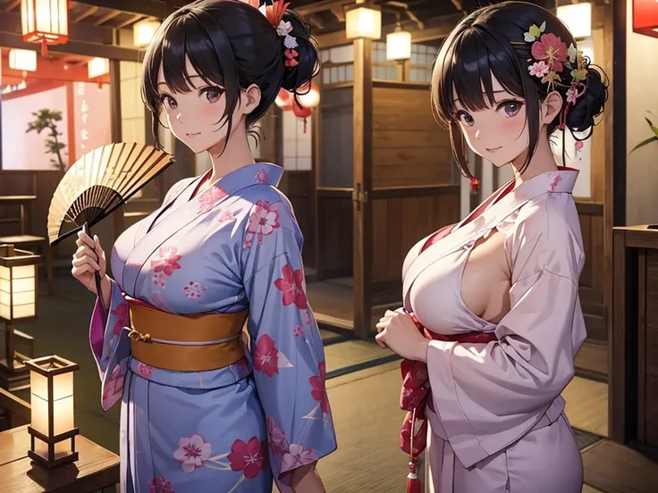 woman、 Japanese festival、Bon Odori、Yukata、 their yukata is bare and their breasts are exposed 、楽しそうにBon Odoriをしてる、I have a fan、 I'm putting my hair up、 big breasts、 wear a waistband to emphasize the thinness of the waist、 big butt