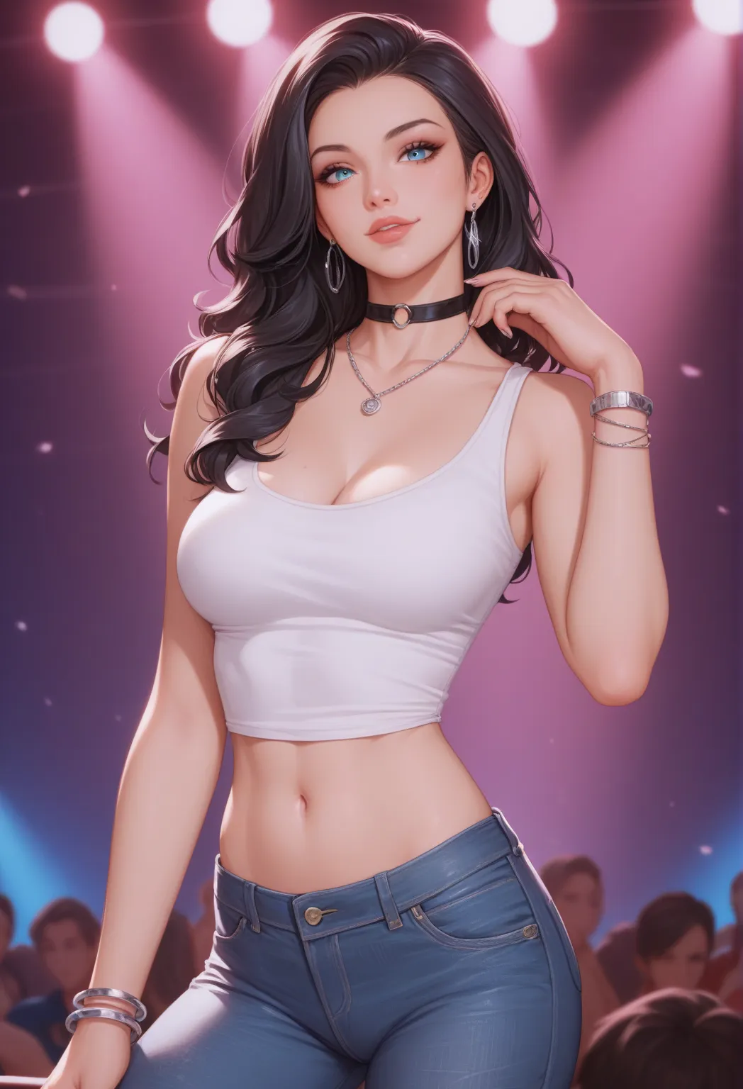 A beautiful woman in her twenties. She is looking at the viewer with a stoic expression. She has well-shaped lips, azure eyes, and long, straight, black hair. She is wearing a white tank top, a black choker, a necklace, denim jeans with a decorative buckle...