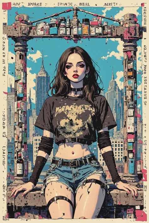 (urban rooftop background:1.3), solo, 1girl, (cinematic lighting:1.5), (close-up details:1.2), (black-hair:1.3), (kawaii goth aesthetics:1.5), (heroin chic:1.5), (cropped graphic tee with holes:1.3), (denim cutoff shorts:1.5), (elbow warmers:1.3), (grungy:...