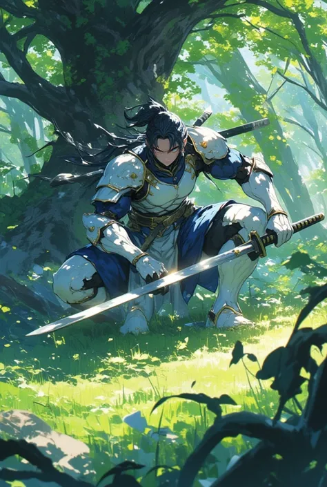 (Show the whole body) (Crouching with his back to a large tree) (has a long sword) Top quality, Masterpiece, Ultra high resolution, Beautiful upper body, Detailed face, Beautiful upper body, Beautiful lower body, Two perfect legs, Beautiful legs, Five perf...