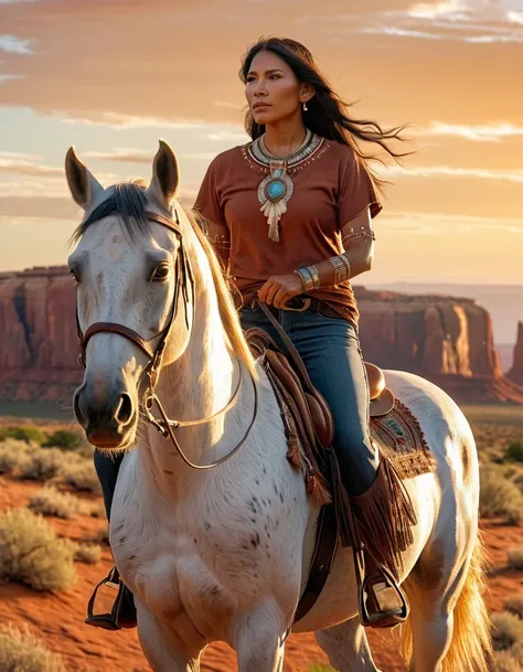 A photorealistic, curvy elderly Native American woman, (casual clothes), jeans and t shirt, riding Appaloosa horse, on the expansive prairie, watching sunset, warm golden hues enveloping the scene from arches national park in Utah in the breeze, serene and...