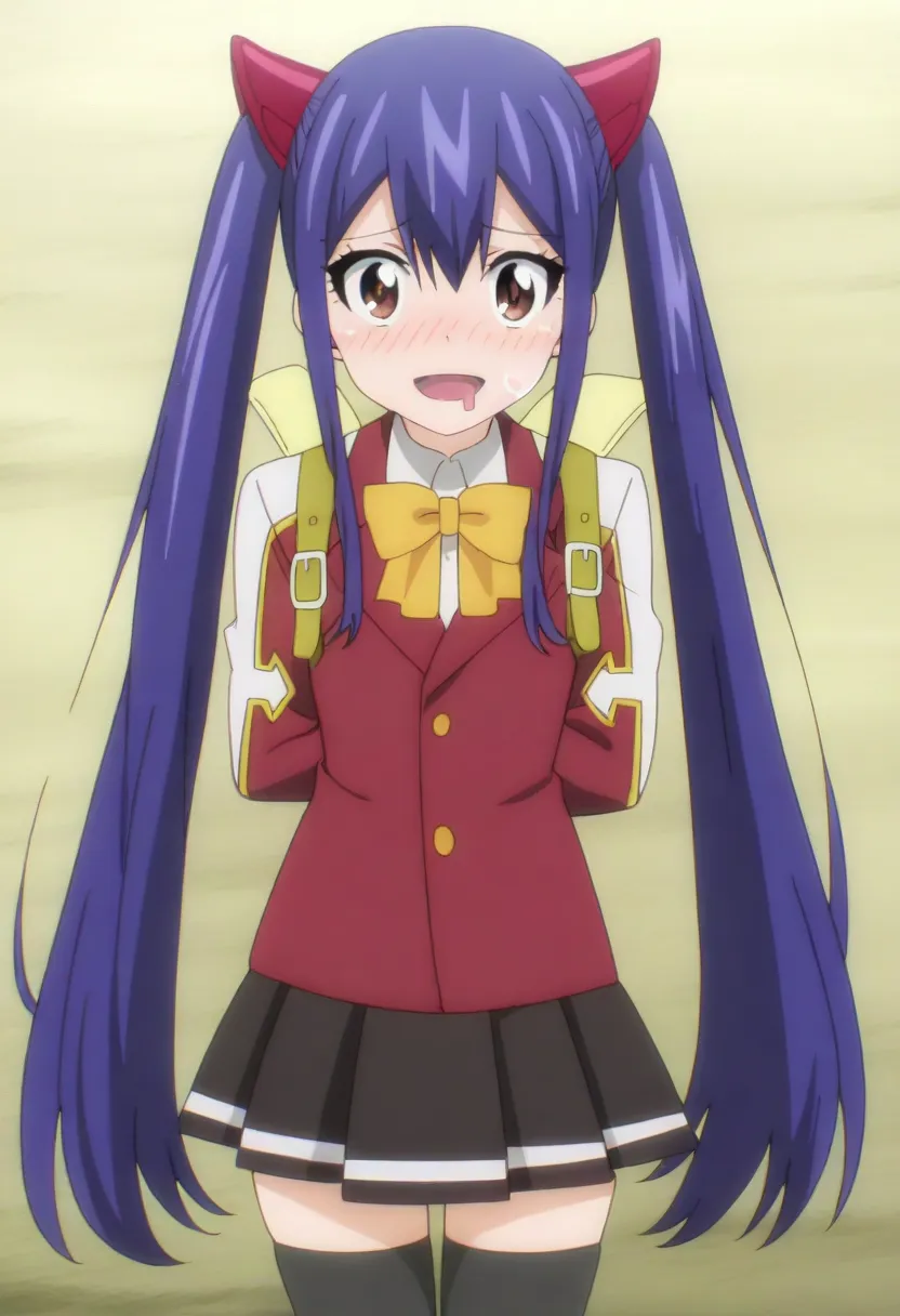 embarrassed,drool,underwear,anime screencap, anime coloring, masterpiece, detailed face, 
outside,
Wendy's initial appearance (outfit), Wendy Marvell (character), 1girl, solo, twintails, thighhighs, brown eyes, skirt, long hair, bag, bow, black thighhighs,...