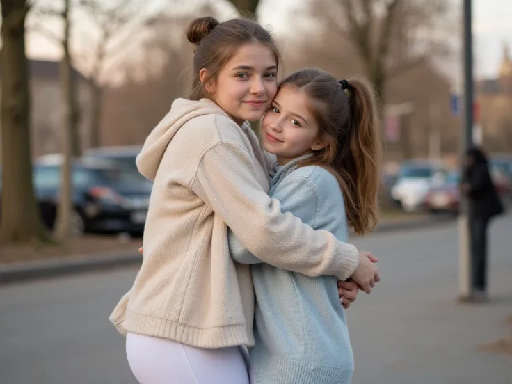  Regarde le ciel, Plan extérieur , portrait,   2 sisters, hugging behind neck, 
Photo ultra-réaliste et ultra- photo détaillée   , en 8K, fotorealistische hohe Qualität von 1  fille,  L'accent est mis sur le décolleté d'une prépubère  (achzehnjähriges  fil...