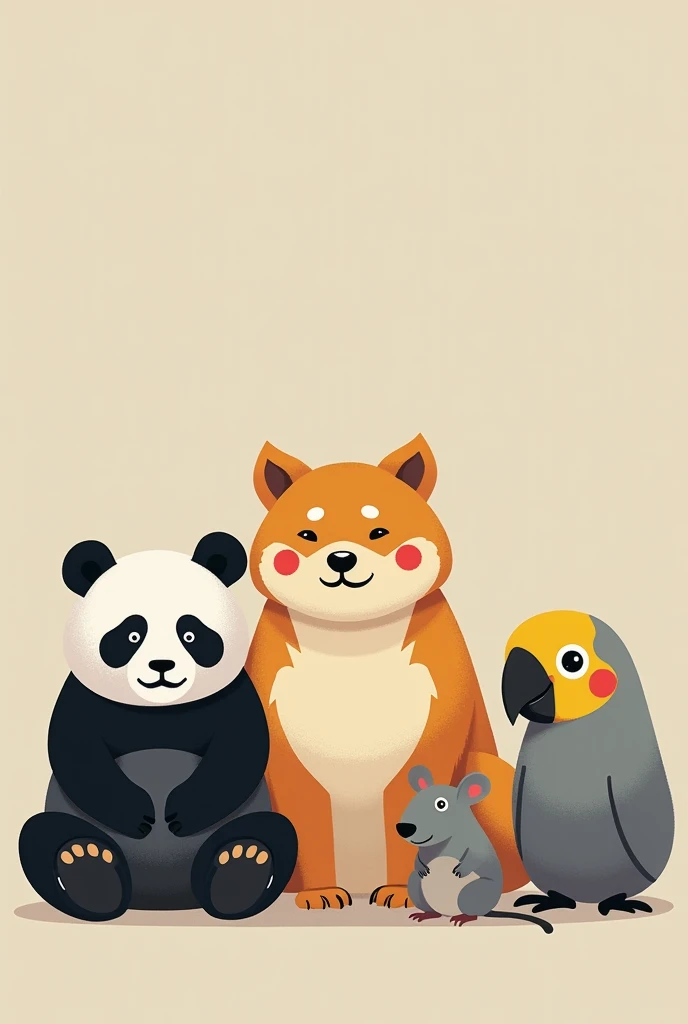 Generate the image of a panda, a capybara, a mouse, , a Shiba Inu and a parrot with a yellow head, the sides of the face with red circles and the rest of the gray body., That they are all sitting looking at the fourth wall and that the image seems to be ma...