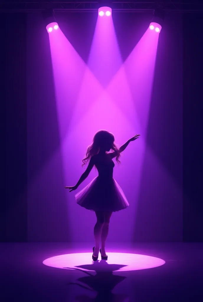 I want an upright picture from you. I want a girl dancing under purple lights on a stage. But that girl will be just a shadow. The dancer girl will stand in the form of a shadow in the finishing position. In front of the stage I also want you to draw 5 peo...