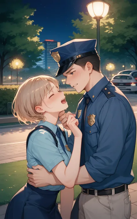 male police arrest nude female, bashfulness, cry, sobbing, park, night, anime,