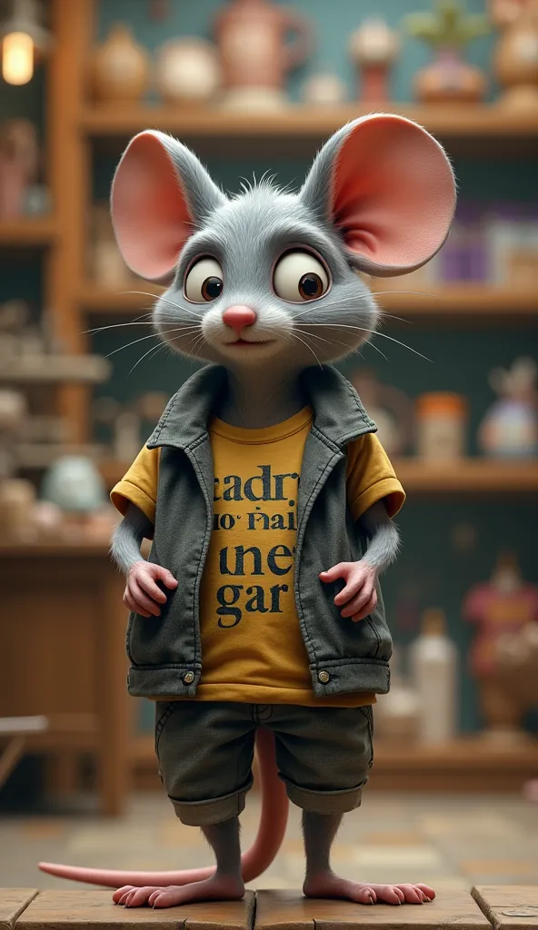 
A grey mouse that looks like a human is wearing more T-shirts..Stand with open wallet inside empty, backdrop as Kietra shop

