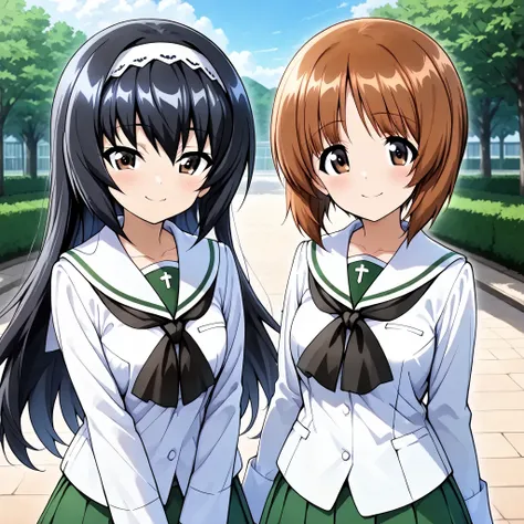 high resolution, best quality, Super Quality , two girls、smile、(Reizei Mako、 white hair band, black hair、 Brown Eyes, long hair)、Nishizumi Miho , 綺麗な Brown Eyes, Attractive brown eyes、 brown beautiful hair, bob cut )、Uniform up、 ( Oarai school unifor...