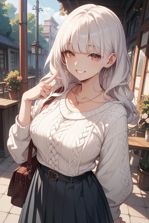  dark gray long skirt、Albino woman , White knit 、 quick bangs 、  long straight hair pointing to penis、 red-pink eyes 、 slightly larger bust、round necklace、  Smile、 Japanese Girl、 has coffee