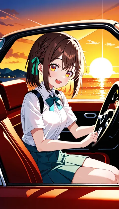 A warm golden light envelops a scenic highway as a bright pinkish-orange sunset descends on the horizon. A charming young woman with curly brown hair and a big smile sits in the driver's seat of a vintage convertible, her eyes gazing out at the breathtakin...