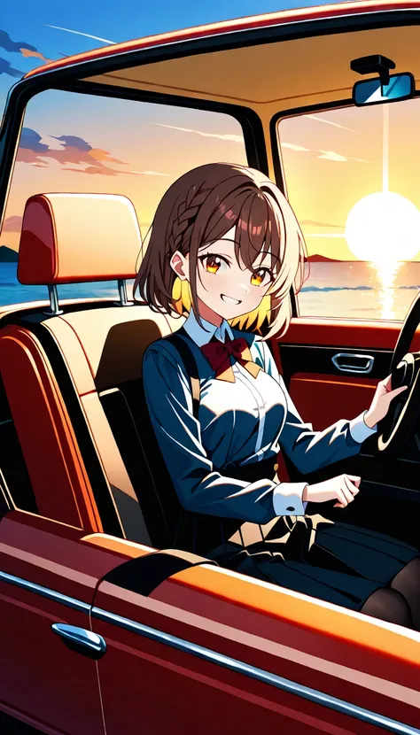 A warm golden light envelops a scenic highway as a bright pinkish-orange sunset descends on the horizon. A charming young woman with curly brown hair and a big smile sits in the driver's seat of a vintage convertible, her eyes gazing out at the breathtakin...