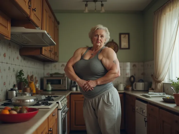 Old Soviet communal apartment. In the kitchen, an elderly grandmother with bulging biceps is having lunch and looking at the camera.  she is beautiful . She's wearing sweatpants, in slippers and a stretched tank top. biceps are visible on the arms.  realis...