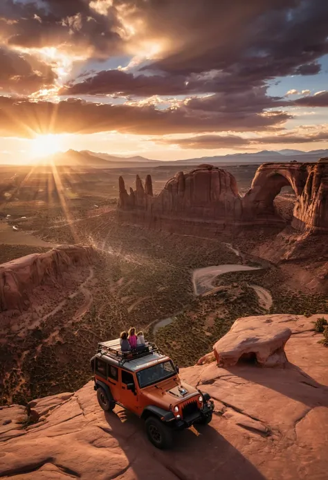 An aerial view of arches national park in Utah, Road Trip at Sunset, a jeep with a men and a girl sitting on the roof tent watching sunset, Volumetric light, auras, rays, vivid colors reflects, trending on art-station, sharp focus, studio photo, intricate ...