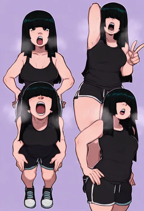 cyboii, 1girl, solo, v, lavender background, medium breasts, black hair, hime cut, long hair, hair over eyes, looking at viewer, freckles, black tank top, black gym shorts, standing, hands on hips,  out of breath, sweaty, open mouth
masterpiece, best quali...