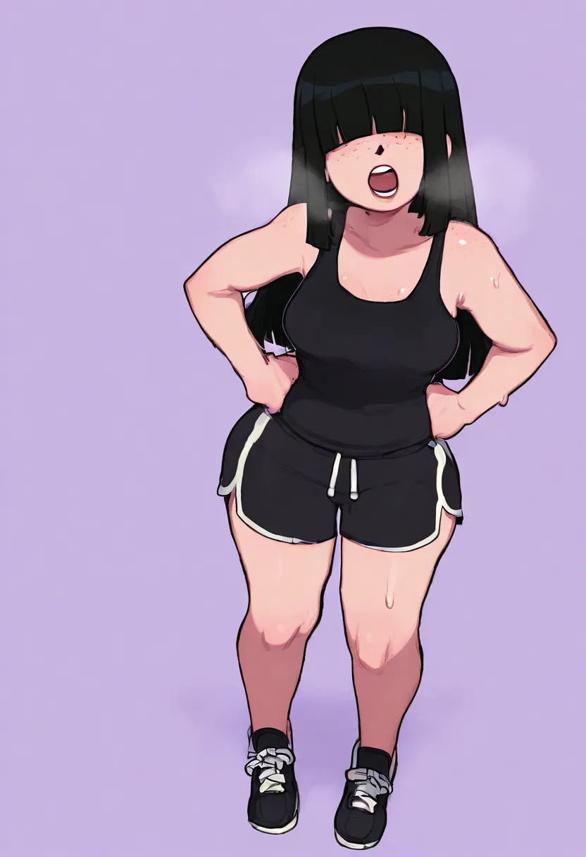 cyboii, 1girl, solo, v, lavender background, medium breasts, black hair, hime cut, long hair, hair over eyes, looking at viewer, freckles, black tank top, black gym shorts, standing, hands on hips,  out of breath, sweaty, open mouth
masterpiece, best quali...