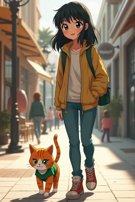 A Pokémon trainer style picture(just the picture no words or text) of a girl(age 20) with medium long black hair,she has dark eyes,with an orange kitten with white stripes and green eyes walking by her side(the cat is wearing a green vest),on a sidewalk wa...