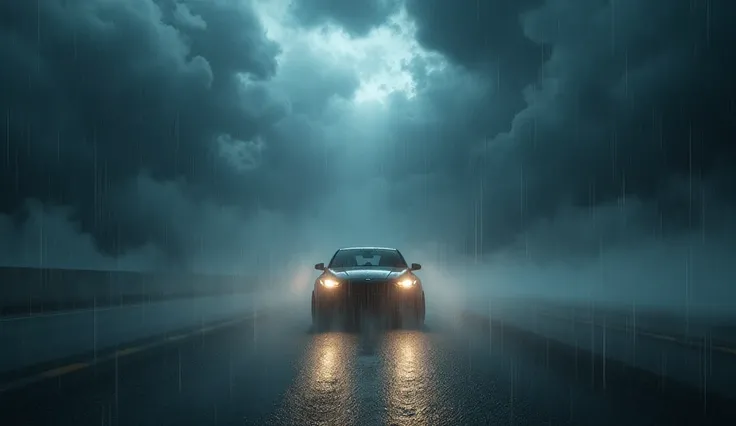 A dramatic scene unfolding in the heart of a storm. In the center, there is a vehicle, specifically a car. Its headlights are aglow with a faint stream of light piercing through the heavy sheets of rain. The skies overhead are tumultuous, with swirling dar...