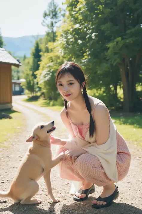 A Japanese woman squats down to the same height as a dog, gently petting it with a warm smile. The setting is a tranquil Japanese countryside with lush greenery, a dirt path, and a few traditional wooden houses in the background. The atmosphere is peaceful...