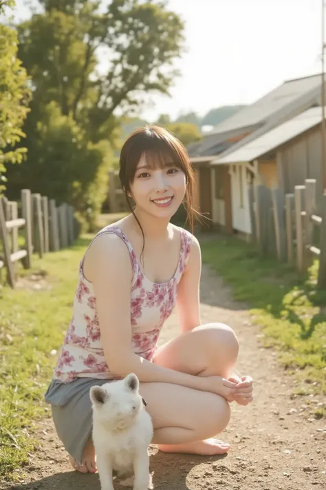 A Japanese woman squats down to the same height as a dog, gently petting it with a warm smile. The setting is a tranquil Japanese countryside with lush greenery, a dirt path, and a few traditional wooden houses in the background. The atmosphere is peaceful...