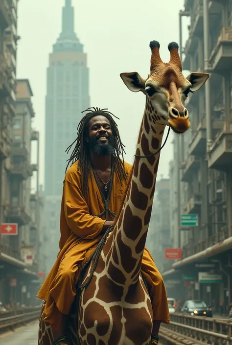 Rastaman rides a giraffe through the concrete jungle