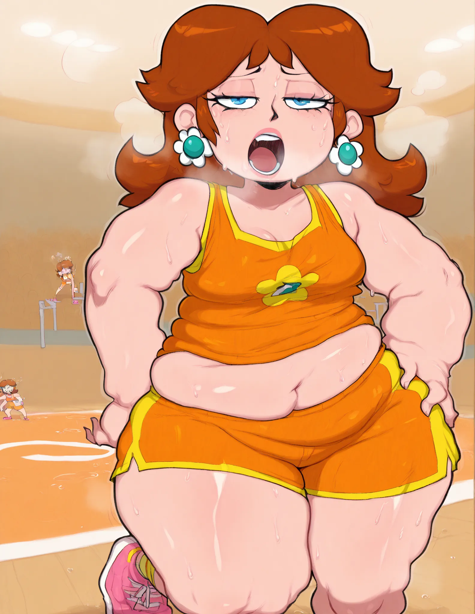 score_9, score_8_up, score_7_up, BREAK, 1girl, solo, princess daisy, 1girl, solo, brown hair, neck length hair, jewelry, makeup, casual, cowboy shot, blue eyes, looking at the viewer, large breasts, hand on hips, orange tanktop, sweaty, orange shorts, swea...