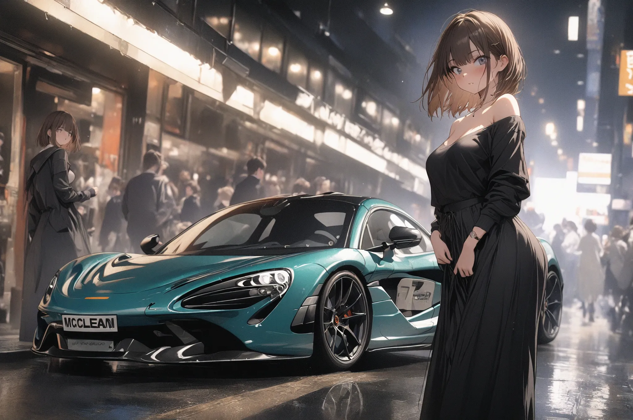 (masterpiece, detailed:1.2), One Girl, (18-years old), brown long Bob Cut, Medium Breasts, off shoulder, BREAK, Highest quality, in UK, BREAK, standing, deep Blue colored "McLaren 750S", from avobe