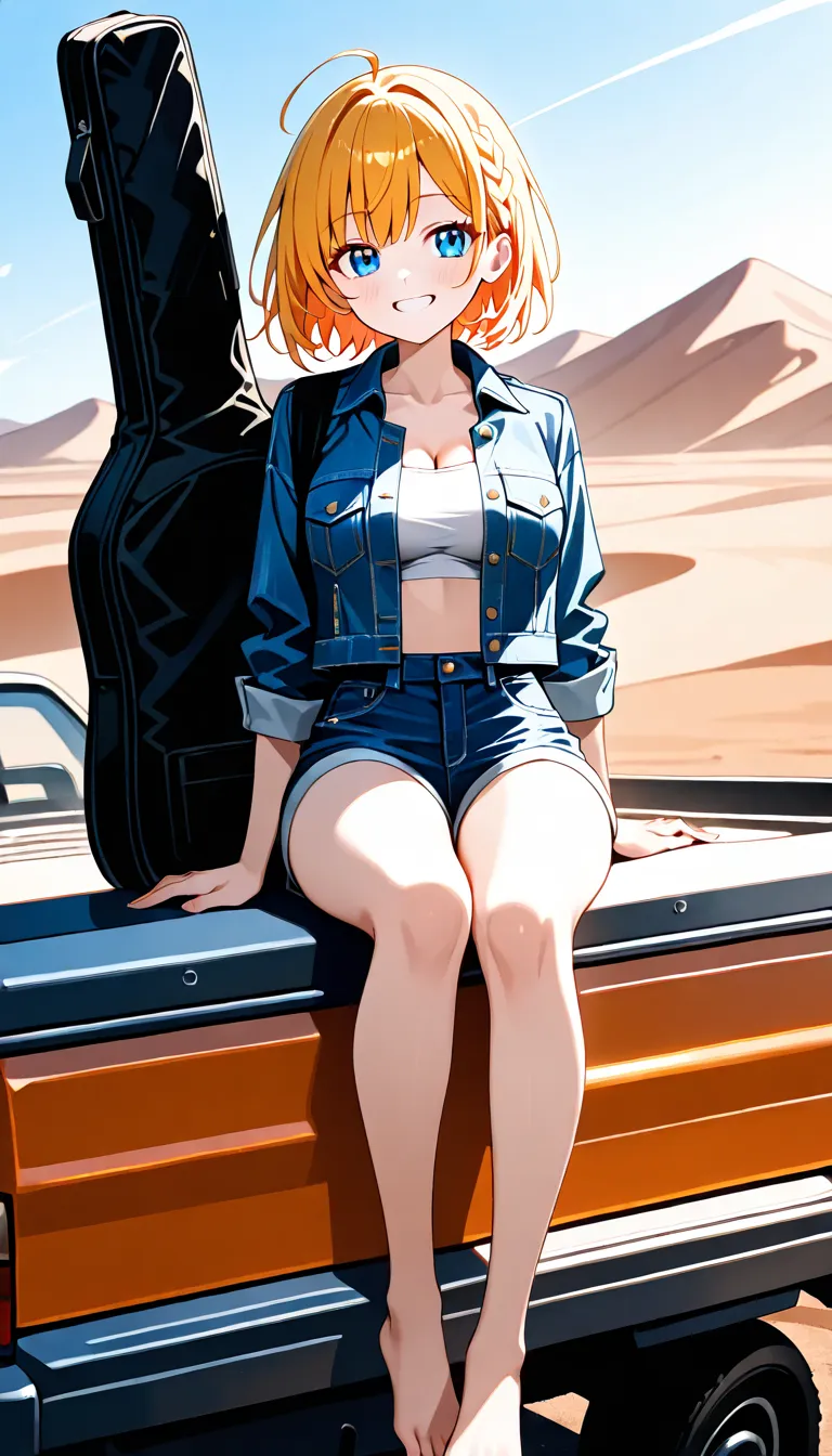 A young woman with bright smile and messy blonde hair, wearing a denim jacket and shorts, is sitting on the edge of a rusty old pickup truck's tailgate, overlooking a vast desert landscape. The setting sun casts a warm orange glow, illuminating the dust de...