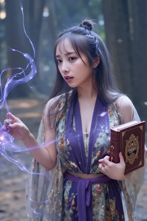 "A fantasy wizard in a magical world, casting a spell. The wizard holds an ancient spellbook in their left hand, while their right hand is raised, emitting a swirling, glowing spell of blue and purple energy. The wizard is wearing elaborate robes adorned w...