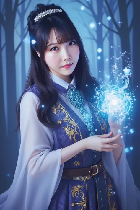 "A fantasy wizard in a magical world, casting a spell. The wizard holds an ancient spellbook in their left hand, while their right hand is raised, emitting a swirling, glowing spell of blue and purple energy. The wizard is wearing elaborate robes adorned w...