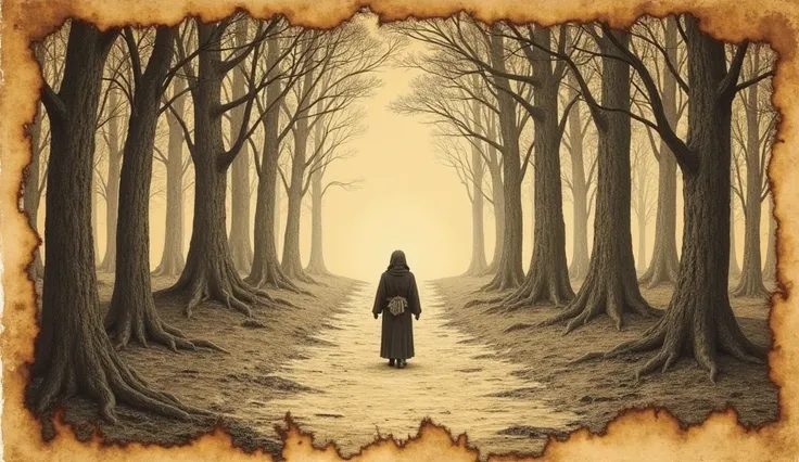 (A Leonardo da Vinci style drawing, on old, yellowed paper, What does it portray with burnt edges:) A solitary path in the middle of the forest, symbolizing the beginning of Juan de la Cruz's spiritual journey.