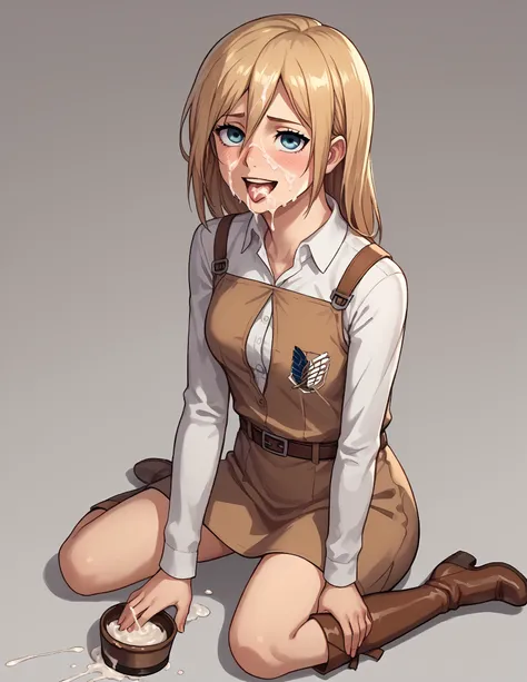 score_9, score_8_up, score_7_up, source anime,krista lenz, solo, 1girl, looking up at viewer, sitting on knees, white button up shirt, brown crinkle dress, cum on face, simple background, slight smile, facing viewer, brown boots, open mouth, cum on tongue,...