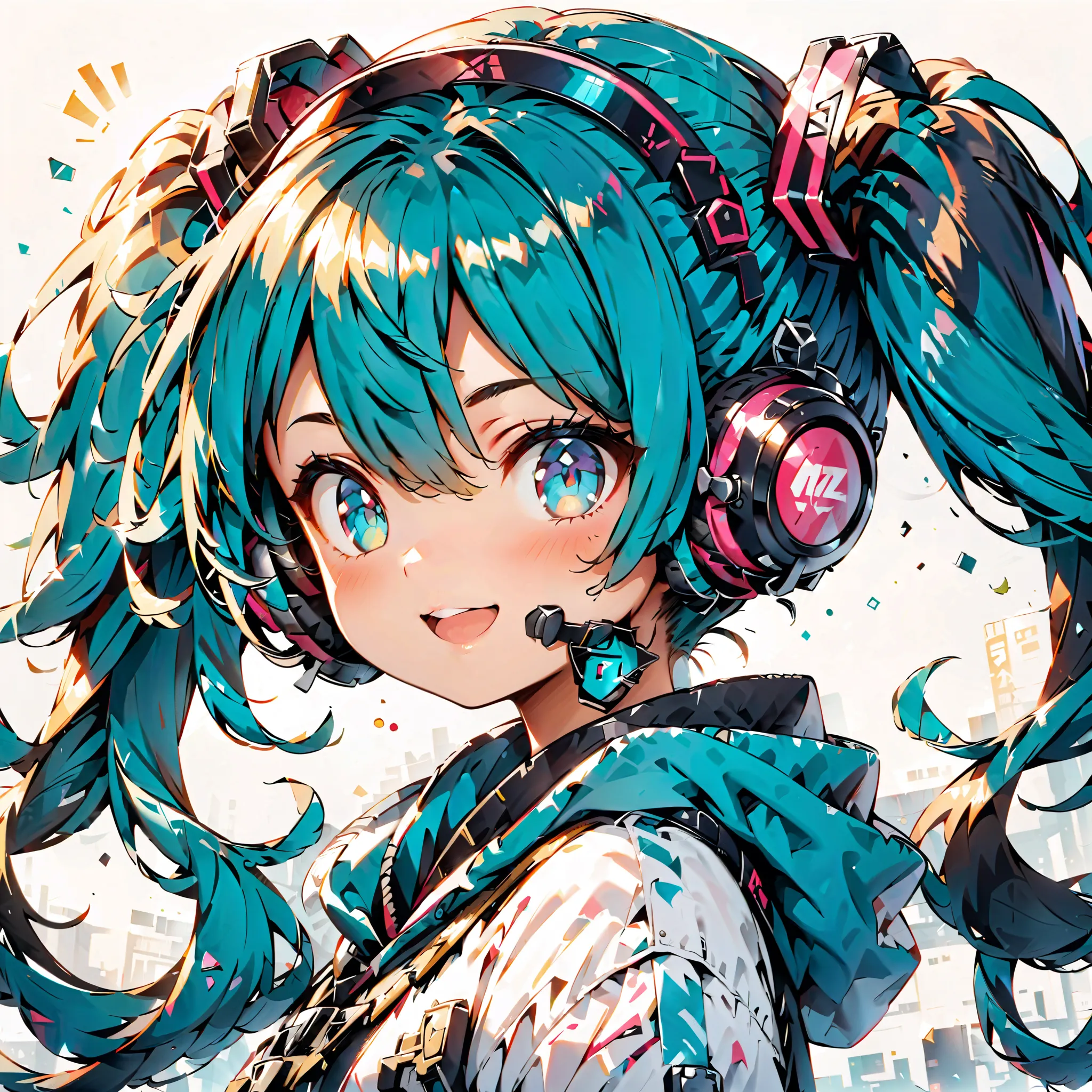     Hatsune Miku、  high resolution,   look,  blushes,  smiles,  open your mouth, Blue Hair/ light blue hair,  blue eyes,  twin tails,  headphones, best quality, 