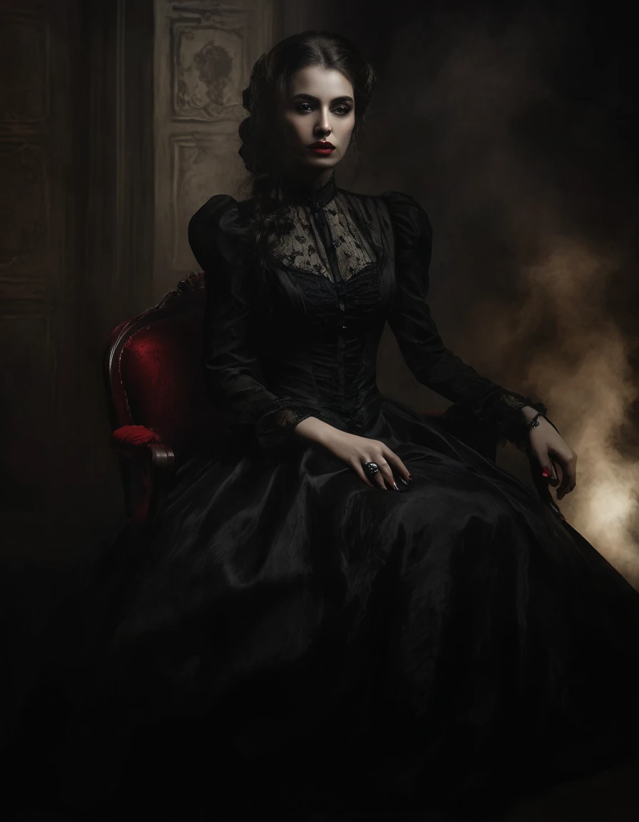 arafed woman in a black dress sitting on a red chair, dark style art, in style of dark fantasy art, elegant Victorian