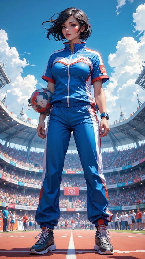 depicted in outstanding 32K anime-style quality in digital drawing mode。The strong character is a tall figure、muscular women，with short hair and bronze skin tone。wearing blue and white tracksuits，She stands confidently in one A sports field filled with ent...